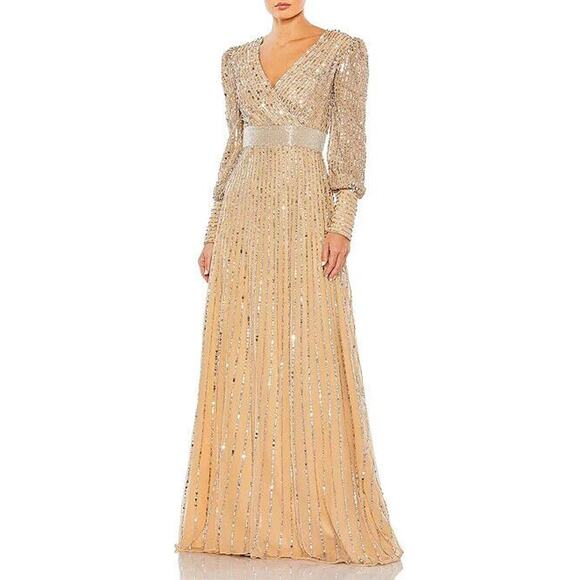 NEW Mac Duggal Vanilla Silver Wrap Bodice Long Bishop Sleeve Gown Size 10 $598